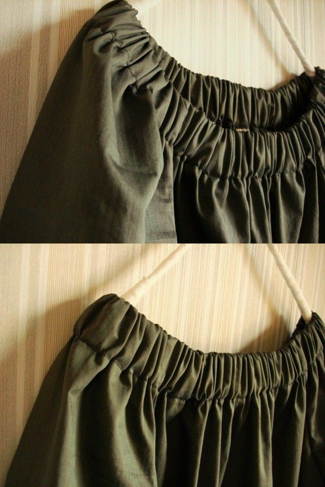 ギャザーワンピース★細へリンボーン カーキGR +水玉