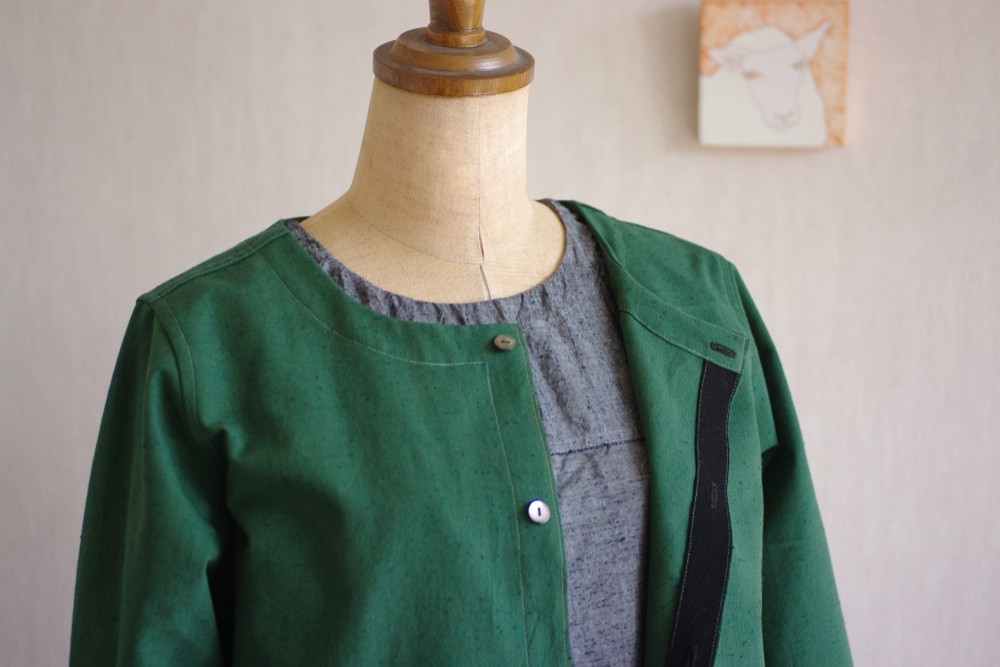 久留米絣の長袖カーディガン　抹茶色