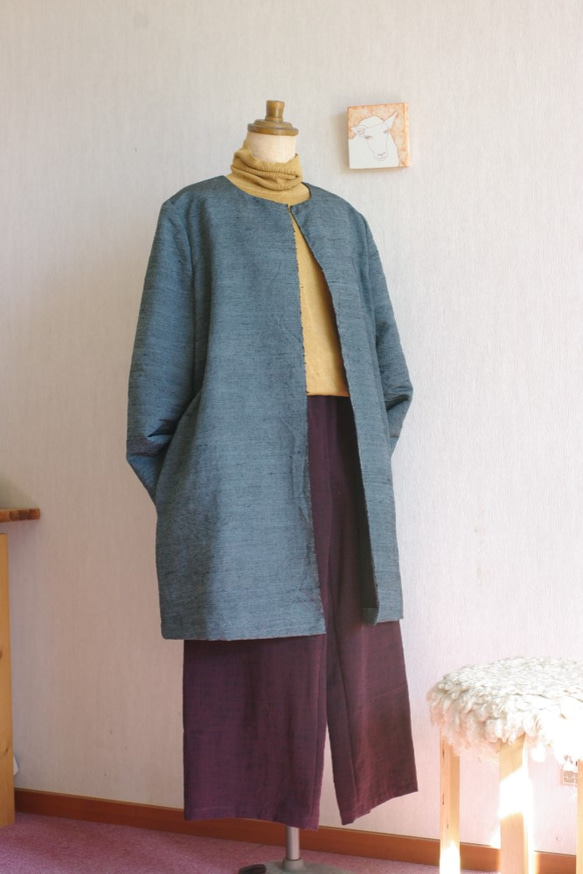 紬のコート青灰色 1枚目の画像