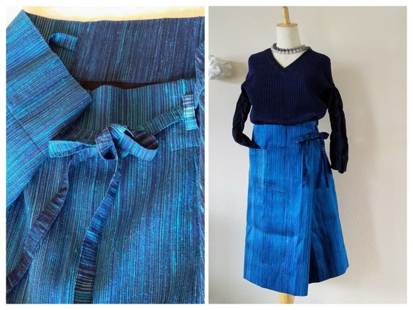 タイhandmadeシルク  筒形巻きスカート ブルー系 1枚目の画像