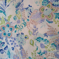 青オリエンタル植物柄　ブラウス　コットン/袖リネン 6枚目の画像