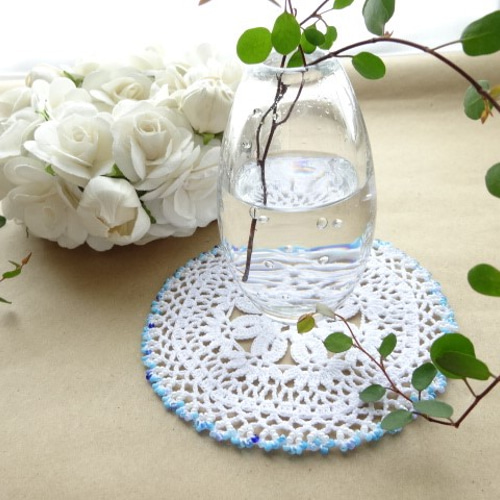 レース編み＊ビーズ縁取り＊ライトブルー＊ドイリー その他インテリア
