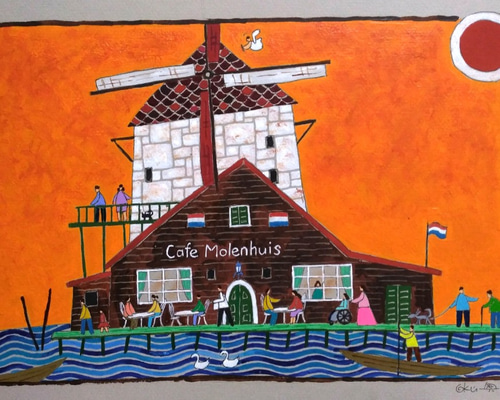 奥村ユズル水彩画原画英国パブ「岸辺の舟」