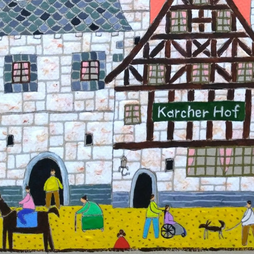 奥村ユズル 水彩画原画 ドイツ古城街道のカフェ ドイツ 古城街道の町