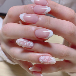 白フレンチ×レースフラワー×お呼ばれ×お上品×美爪 ネイルチップ（つけ