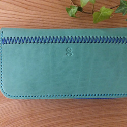 【送料無料】ターコイズとマリンブルーの配色が美しいラウンドファスナーの総手縫い本革長財布ＴＩＯーＲＮ０２９ 5枚目の画像