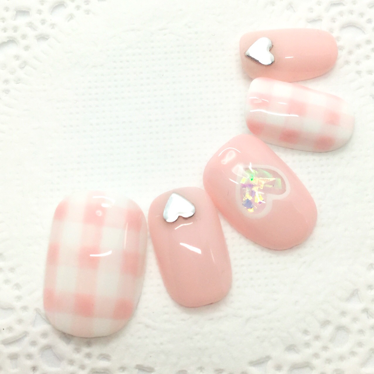 ♡♡オーダーネイル♡ギンガムチェック×編み上げリボン×ハート♡ピンク♡ ♡♡オーダーネイル♡ギンガムチェック×編み上げリボン×ハート