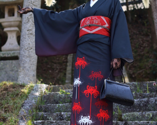 未着用 袋帯 夏用 彼岸花 黒地 西陣織 着物 042a d - メルカリ