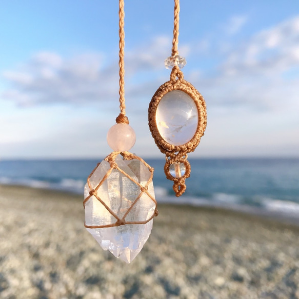 マクラメ天然石ペンデュラム【ヒマラヤ両剣水晶＋スターローズクォーツ