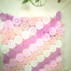 全面リフ編みのプチお花ブランケット(黄×オレンジ)ウール100