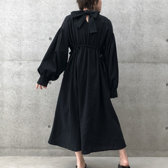 ひまわりMuses■42■ タックリボンワンピース ■ブラック■ セール】ドット&ハートプリントバックリボンワンピース
