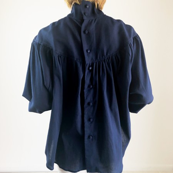 100%棉插肩袖縮褶襯衫（海軍藍） 第8張的照片