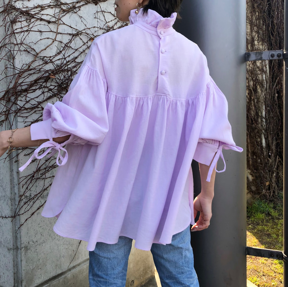 【100%純棉】荷葉領後裹鈕扣紫色上衣 第1張的照片