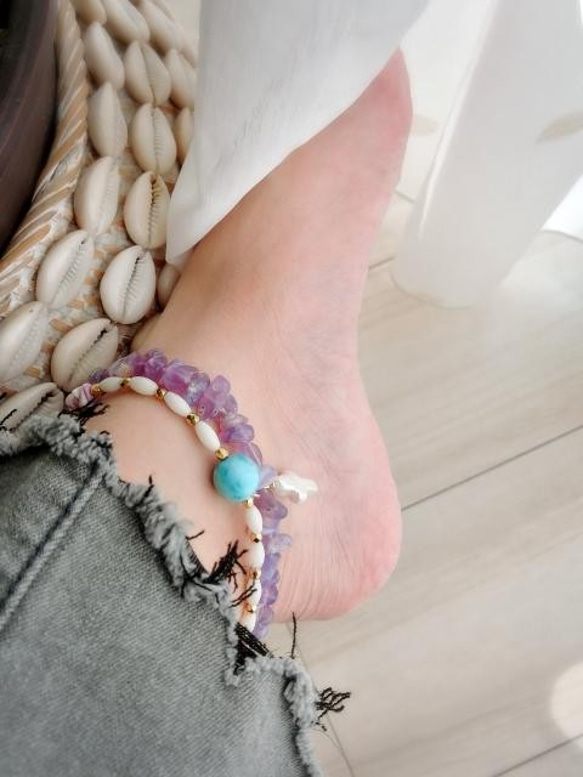 ♡lavender anklet♡−天然ナチュラルカルセドニー&天然大粒バロックパール&天然パールのクロス- 3枚目の画像