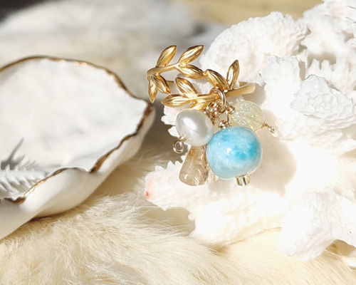 １4Kgf天然石 レースのパールとオパールのキラメキとチェーンの揺らぎピアス 14Kgf天然石 レースのパールとオパールのキラメキとチェーンの揺らぎ