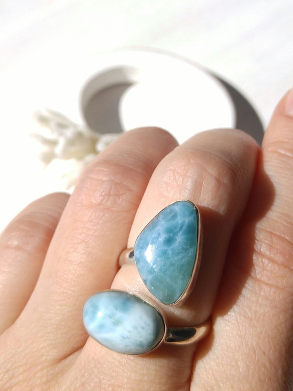 Creema限定！ Xmas限定♡海のカケラRing -濃い青&白い波模様の2粒ラリマーリング-silver925 2枚目の画像