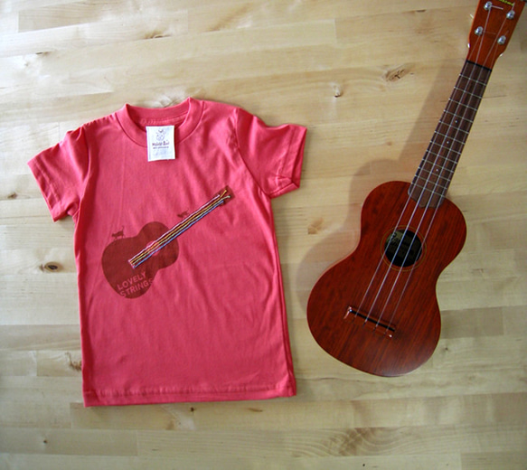 ギター（ウクレレ）ネコTシャツ  レディス 白 5枚目の画像