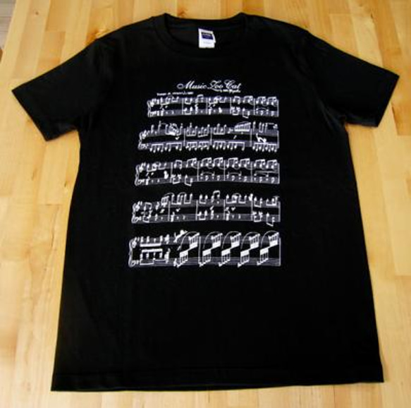 楽譜・音符ネコ（猫） Tシャツ（黒） 1枚目の画像