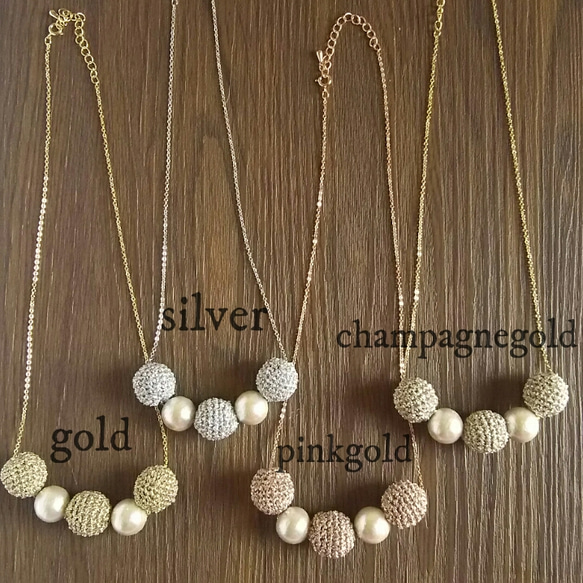 【temari‐cottonpearl】手編みネックレス pinkgold 4枚目の画像