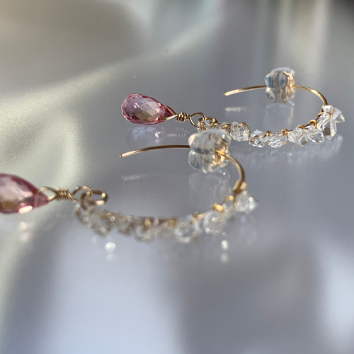 14kgf ハーキマーダイヤモンド×ピンクトパーズ ピアス ピアス（フック