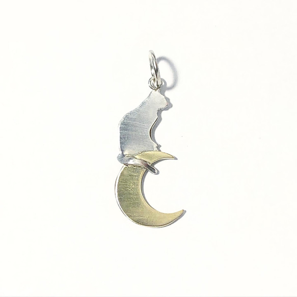【名入れ無料】月に寄り添う猫ネックレストップ【SILVER950×真鍮】 1枚目の画像