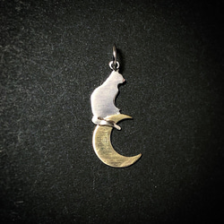 【名入れ無料】月に寄り添う猫ネックレストップ【SILVER950×真鍮】 3枚目の画像