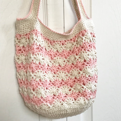 ＊新作Bag＊透かし模様ボーダーBag＊生成り×pink＊ 1枚目の画像