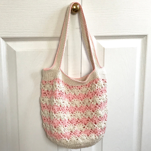 ＊新作Bag＊透かし模様ボーダーBag＊生成り×pink＊ 4枚目の画像