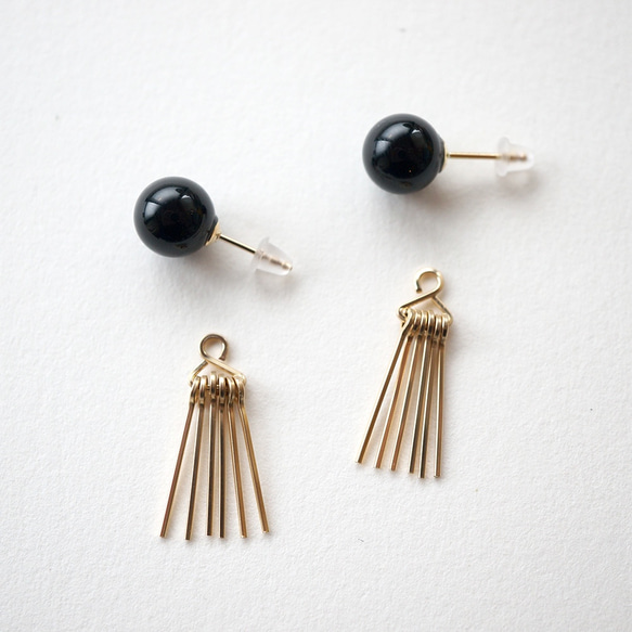 Onyx&fringe pierce オニキス 14kgf 2way ピアス 1枚目の画像