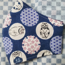 3枚重ね☆ブルー和柄水玉猫マスク☆ダブルガーゼ使用♪ 3枚目の画像