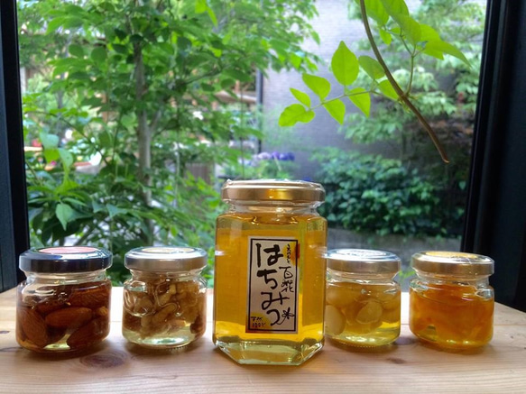 非加熱はちみつ１本とミニはちみつ漬け（ナッツ＆フルーツ）４本セット　4300円税別 1枚目の画像