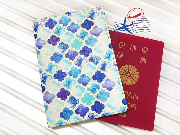 摩洛哥花/藍色&lt;護照套&gt; 第1張的照片