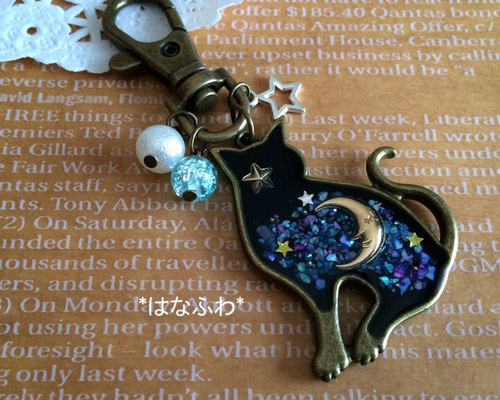 銀河系 黒猫のバッグチャーム＊リバーシブル＊シェルパウダー＊星