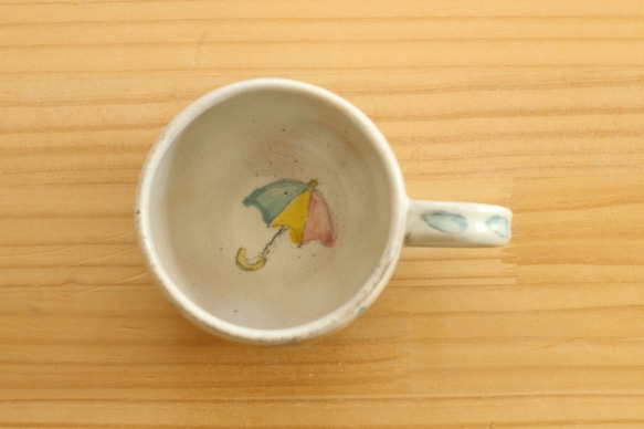 受注制作「渋谷ヒカリエ、かえる COFFEE LIFE　出展品」。粉引き傘さしかえるとカラフルドロップのカップ。 4枚目の画像