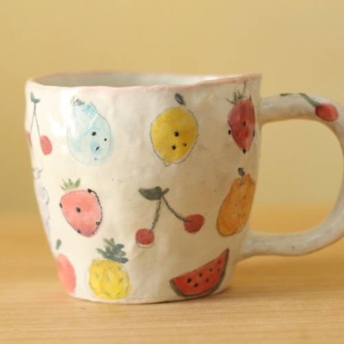 やまぐちあさこさん の イチゴ柄お茶碗＆マグカップ やまぐちあさこさん の イチゴ柄お茶碗＆マグカップ 粉引き手びねり