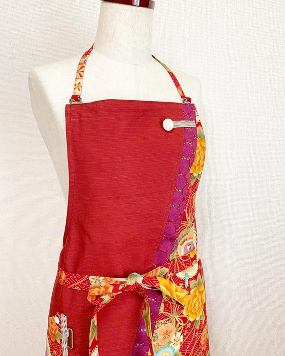 和モダンエプロン 紅牡丹✳︎ 和風 着物風 和柄 ギフト 名入れok