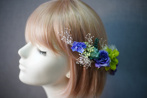 ブルーの髪飾り ヘアパーツ ウエディングドレス 色打掛 カラードレス 白無垢 210305-012 3枚目の画像
