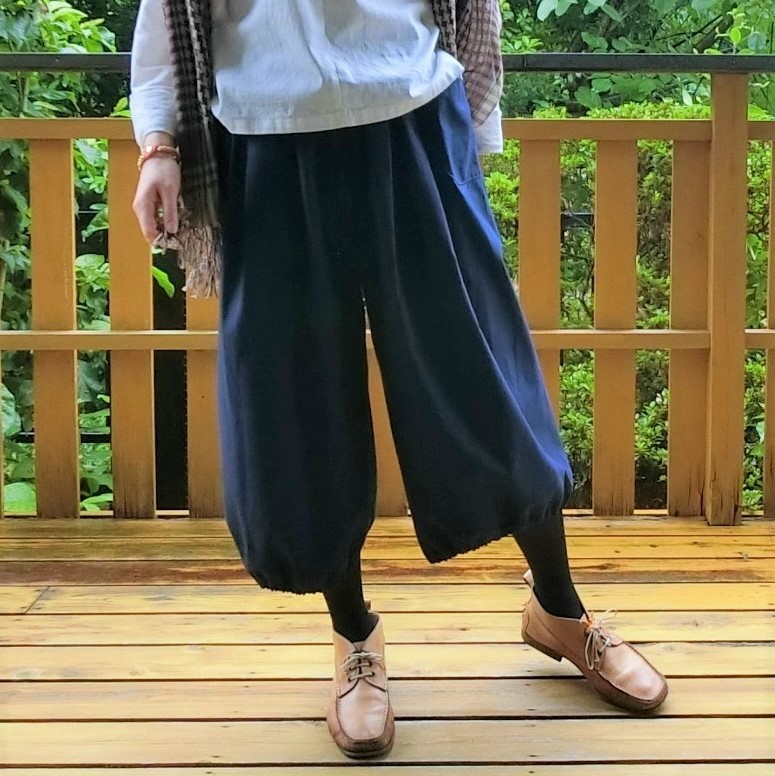 受注【綿ﾂｲﾙ】ロング バルーンパンツ（ネイビーブルー）　L-78　ｳｴｽﾄｺﾞﾑ