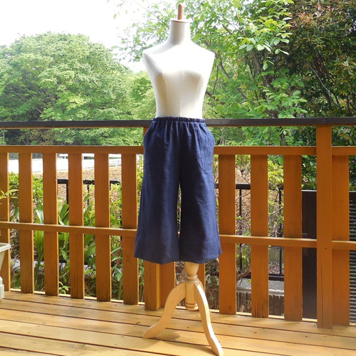 展示【綿麻】ガウチョパンツ（ネイビー）股下40cm ｳｴｽﾄｺﾞﾑ