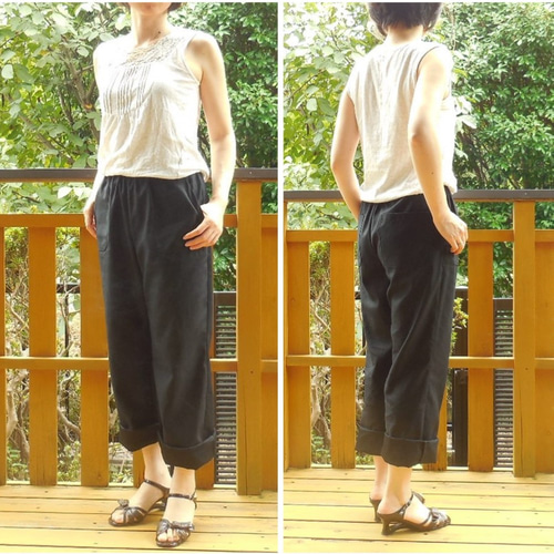 受注【綿ﾂｲﾙ】ロングパンツ ゆったりめｽﾄﾚｰﾄ 股下72.5 ｳｴｽﾄｺﾞﾑ