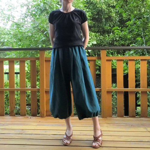 驚きの価格 受注【綿麻】ロング バルーンパンツ（ピーコックブルー/緑青） L パンツ