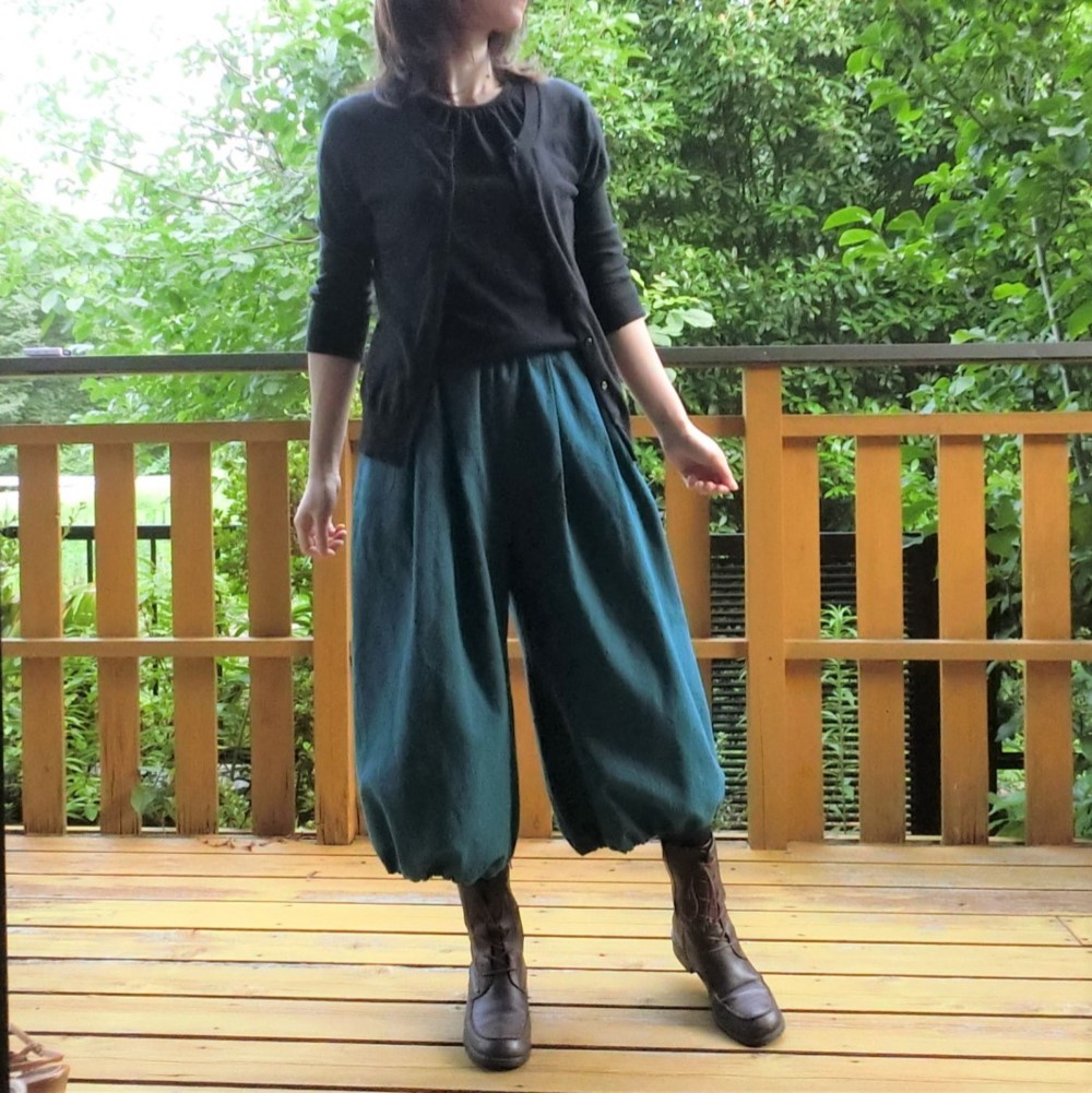 受注【綿麻】ロング バルーンパンツ（ピーコックブルー/緑青）　L-78　ｳｴｽﾄｺﾞﾑ