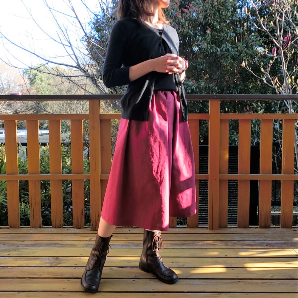 受注【綿麻ｷｬﾝﾊﾞｽ】スカーチョ（ﾜｲﾝﾚｯﾄﾞ）見た目はｽｶｰﾄ♪ガウチョパンツ　L-70