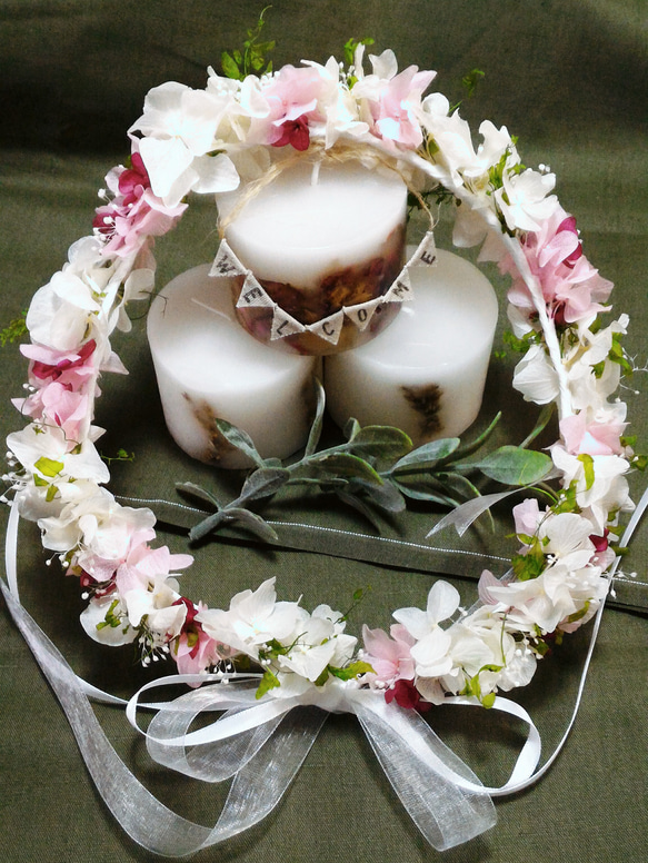 紫陽花とかすみ草の花冠☆ホワイトグリーンピンク 2枚目の画像