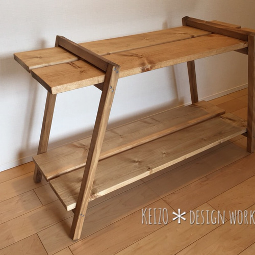 キャンプギア2段シェルフ　ハンドメイド　アンティーク　オシャレ　ソロキャン キャンプギア2段シェルフ ハンドメイド アンティーク オシャレ