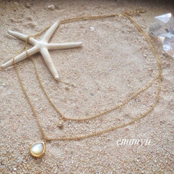 Double Chain 18Kcoating Crystal&White Shell Necklace 3枚目の画像