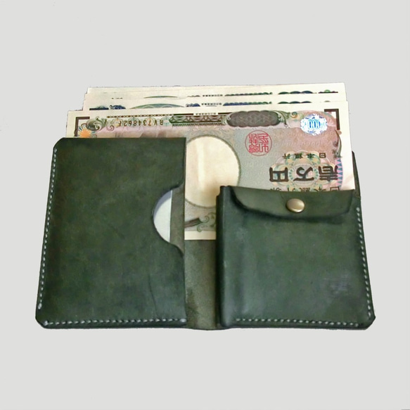 コンパクト2つ折り財布　イタリアンレザー　グリーン【受注後作製】 5枚目の画像