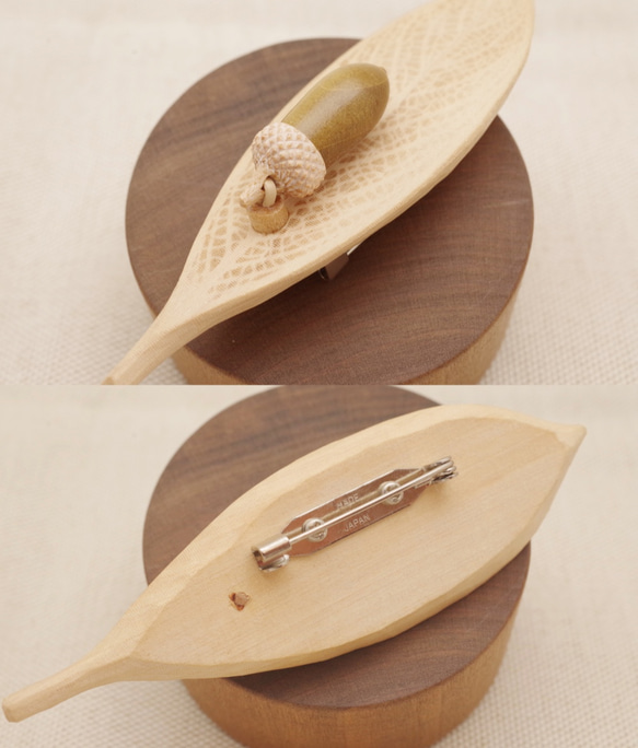 Wood Carving Leaf & Acorn Brooch [Magnolia × Maple/ TOCHI 第9張的照片