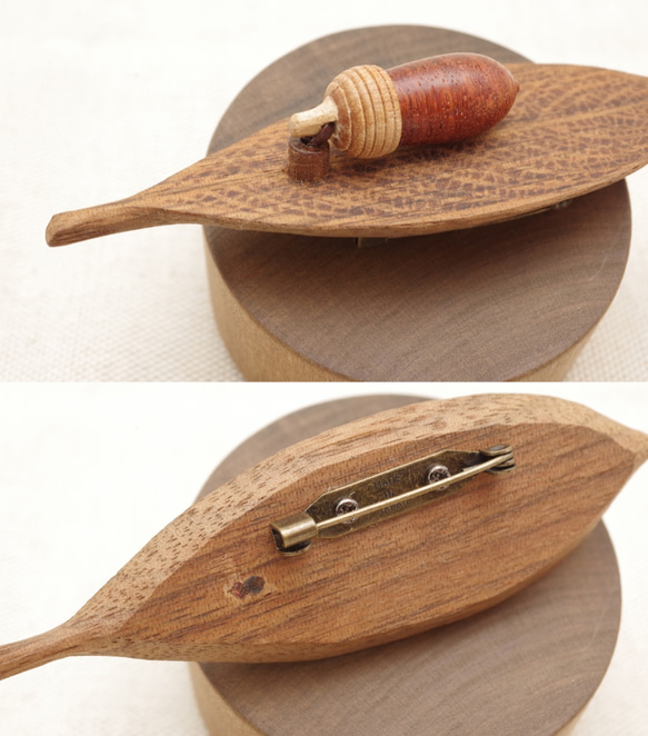 Wood Carving Leaf & Acorn Brooch [Padouk × Cherry / Walnut] 第9張的照片