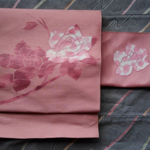 カガリ名古屋帯☆正絹・新品☆ピンク系バラ柄パッチワーク 和装小物  